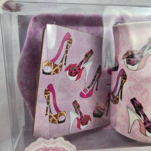 Set of Coffee Mug, Coaster & Tray Pink with High Heel Graphics Pattern NWT - Picture 4 of 6